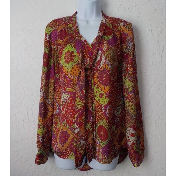 Investments Women 8 Satin Blouse V-Neck Button Up Colorful Boho Floral Bow Tie - Picture 1 of 7